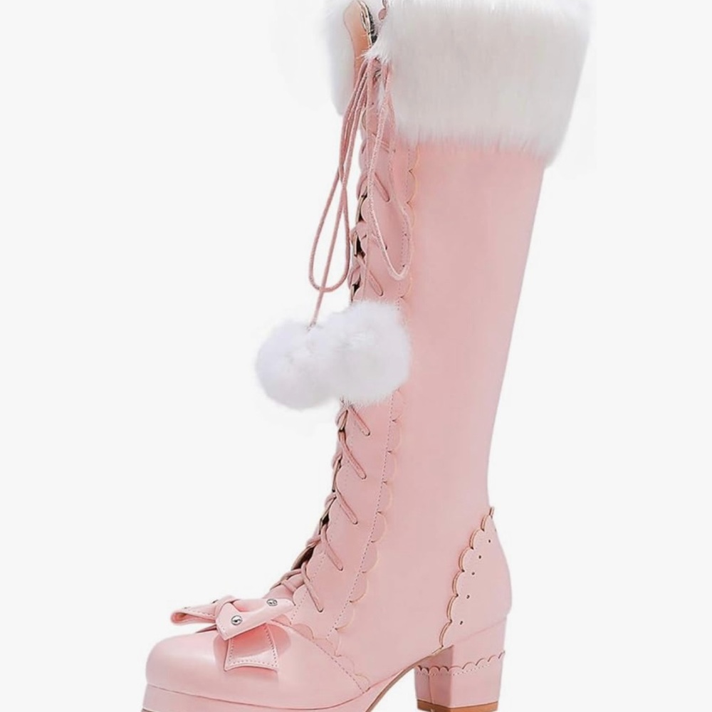 Cute White Lace-Up Boots with Fur Trim